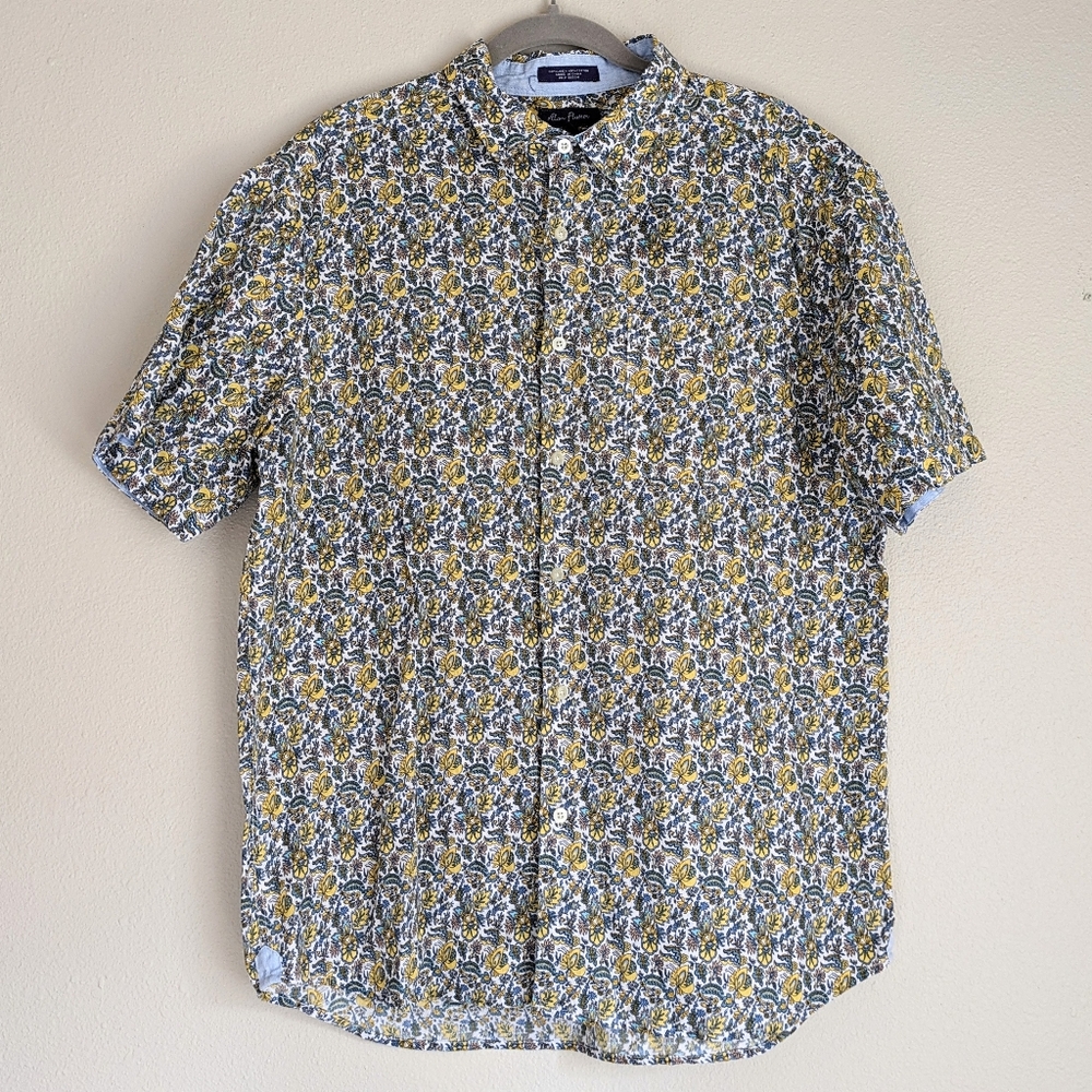 Alan Flusser Mens Floral Button Down Up Short Sleeve Linen Top Shirt Size XL